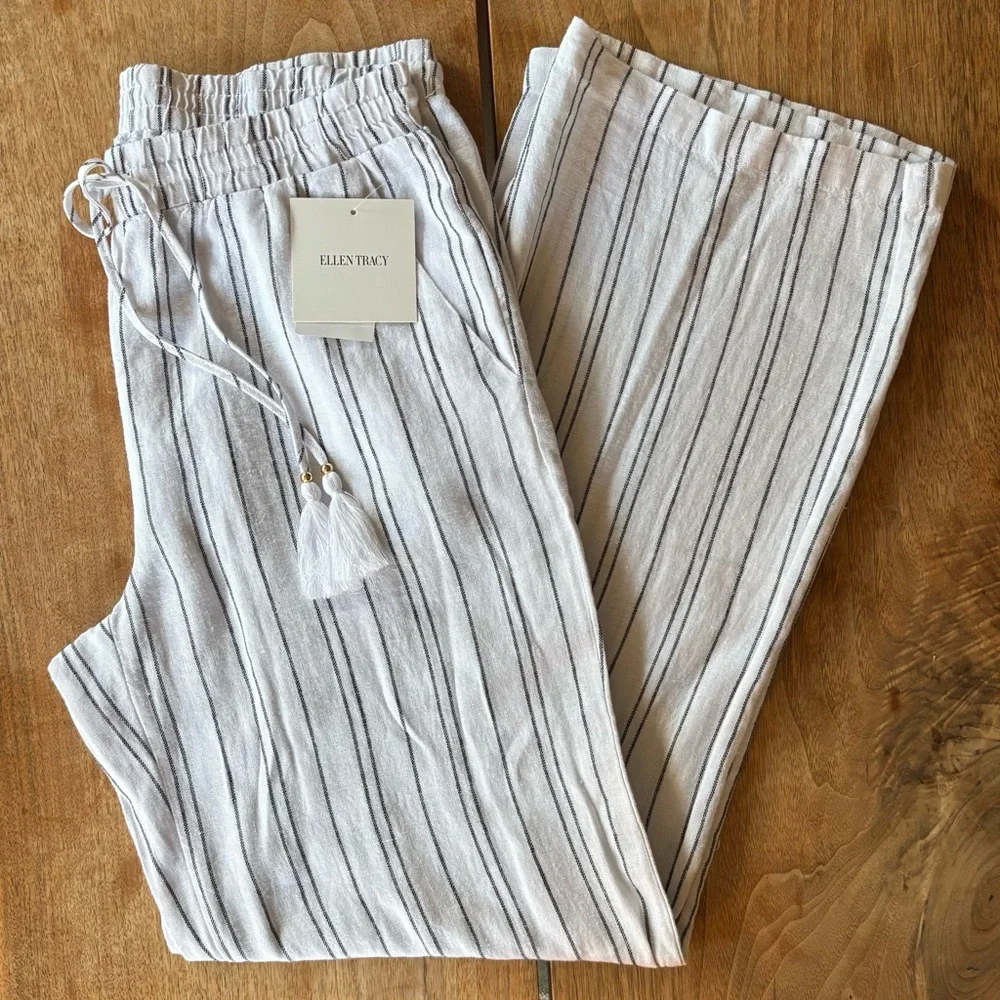 Ellen Tracy Linen Stripe Wide Leg Pants Women's Small White w/ Black pinstripes - Picture 2 of 15